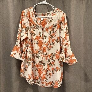 Christopher & Banks Orange Floral Blouse with Lace Trim